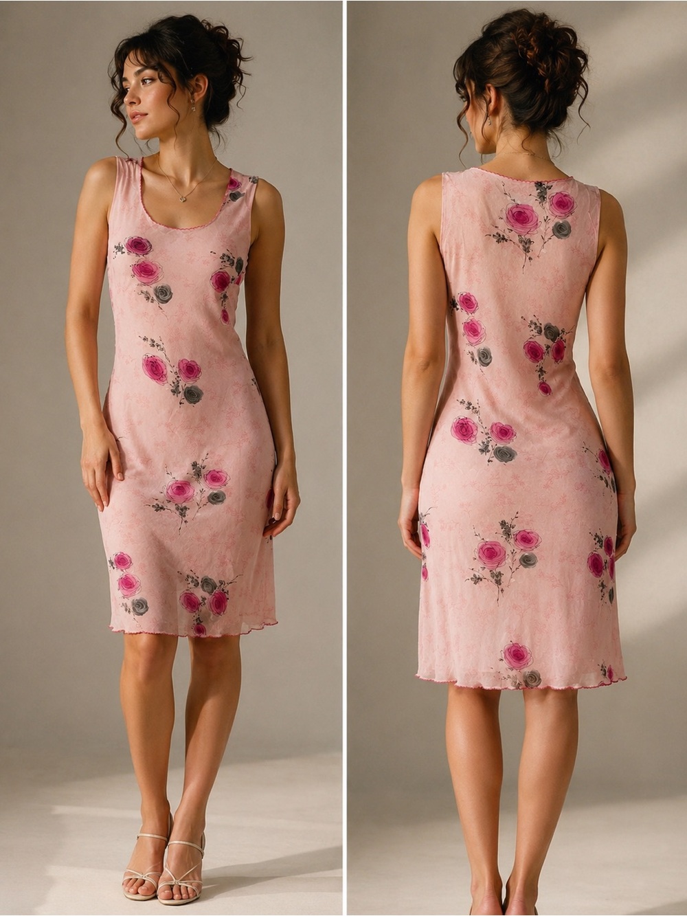 VTG 100% Silk Pink Floral Dress Sleeveless Midi Romantic Cottagecore Slip Drees